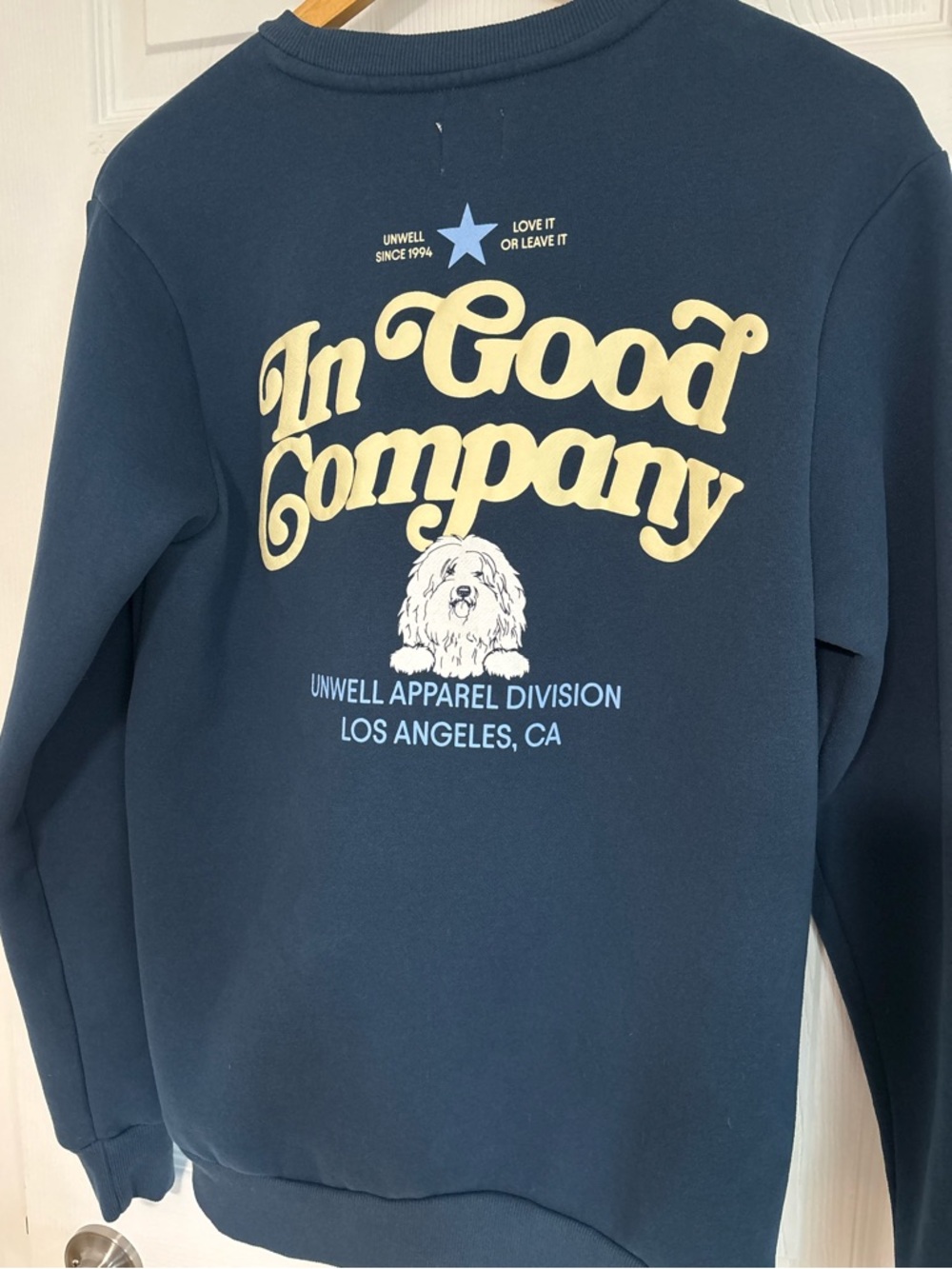Unwell merch blue crewneck, shaggy dog puff print graphic size small